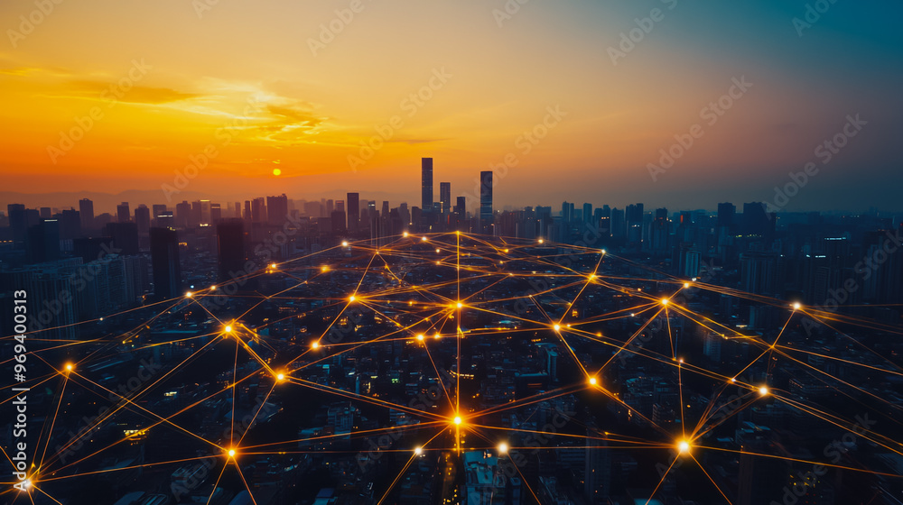 Smart digital city with connection cyber security network reciprocity over the cityscape . future smart wireless digital city and social media networking systems that connects people within the city Smart digital city with connection cyber security network reciprocity over the cityscape . future smart wireless digital city and social media networking systems that connects people within the city