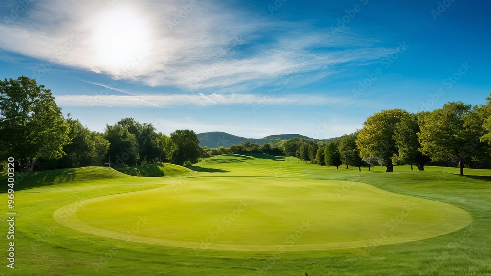 Expansive Golf Course With Rolling Hills And Manicured Greens Under A Clear Blue Sky And Sunshine Expansive Golf Course With Rolling Hills And Manicured Greens Under A Clear Blue Sky And Sunshine