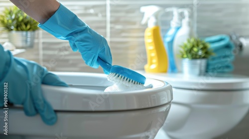 A person is cleaning a toilet with a brush photo