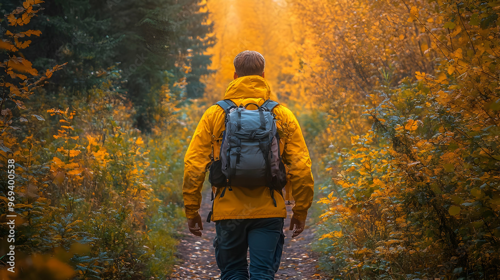 A hiker walks through a vibrant autumn forest trail surrounded by golden foliage. A hiker walks through a vibrant autumn forest trail surrounded by golden foliage.