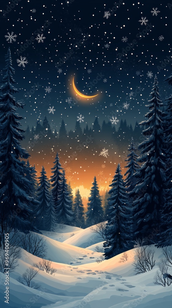 Snow falling on a path through a forest at sunset in winter Snow falling on a path through a forest at sunset in winter