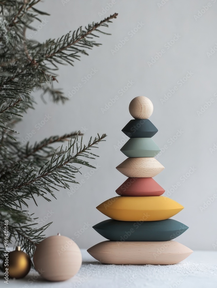 Sapin en bois empilé avec éléments géométriques sur fond minimaliste