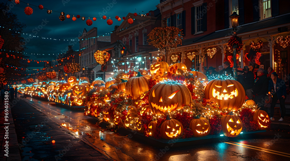 Illuminated Jack-O'-Lantern Parade on a Wet Street at Night - Realistic Image Illuminated Jack-O'-Lantern Parade on a Wet Street at Night - Realistic Image