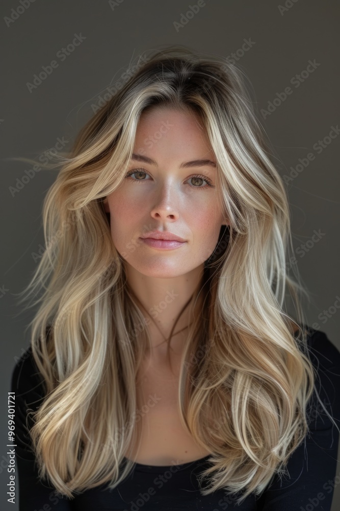 Natural beauty portrait featuring a woman with long, flowing hair in a soft-lit setting, capturing serene expression and delicate features Natural beauty portrait featuring a woman with long, flowing hair in a soft-lit setting, capturing serene expression and delicate features