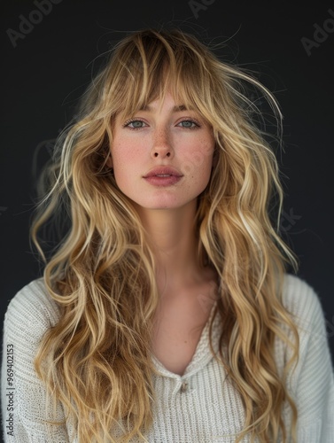 A natural portrait of a young woman with wavy blonde hair wearing a cozy sweater against a dark background