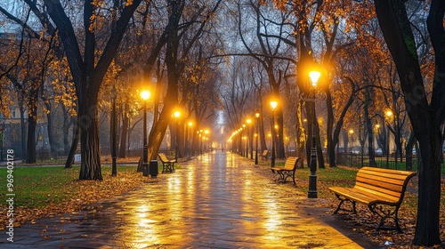 A city park illuminated by warm streetlights at dusk, with benches and pathways creating a tranquil evening scene