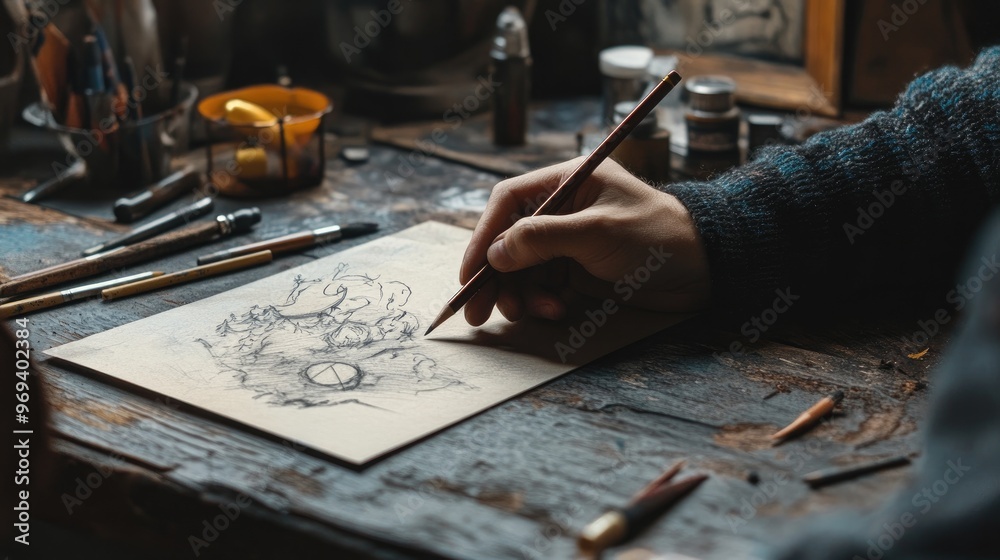 A close-up of a hand sketching with a pencil, with other artistic tools scattered around on a rustic wooden table A close-up of a hand sketching with a pencil, with other artistic tools scattered around on a rustic wooden table