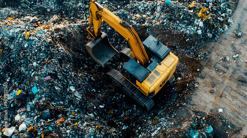 excavator methodically sorting through layers of trash at a landfill, its large arm working to shift the waste into designated areas for recycling photo