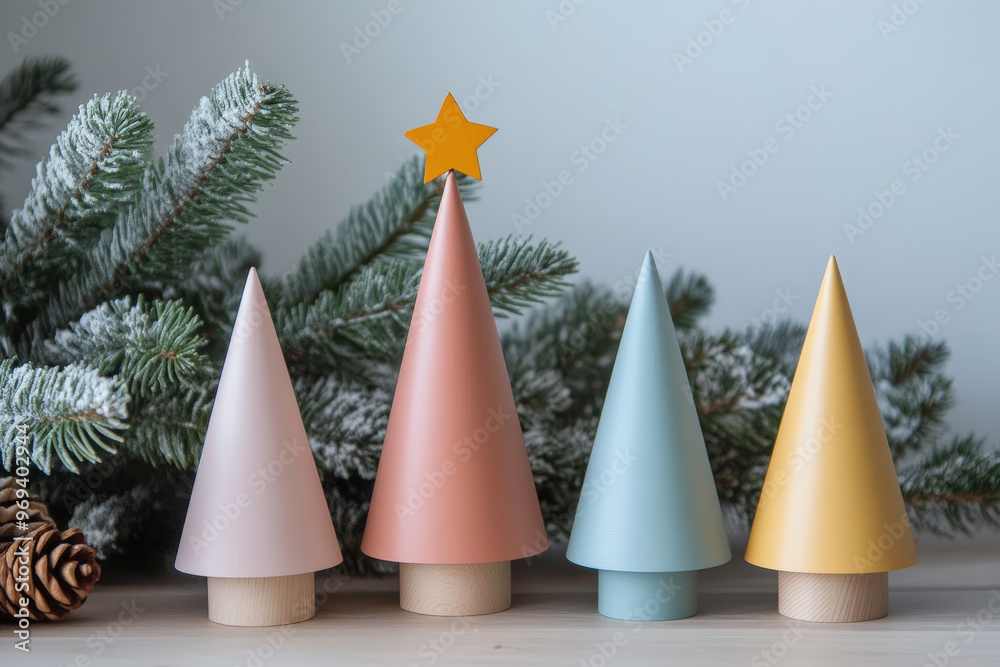 Quatre sapins colorés en bois avec une étoile sur branches enneigées Quatre sapins colorés en bois avec une étoile sur branches enneigées