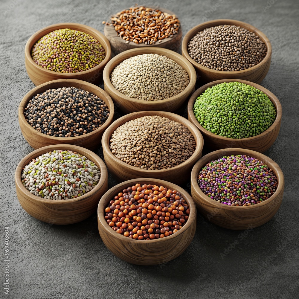 A bowl of dry brown lentils, a staple ingredient in many vegetarian dishes, sits alongside various spices and herbs in a bustling market A bowl of dry brown lentils, a staple ingredient in many vegetarian dishes, sits alongside various spices and herbs in a bustling market