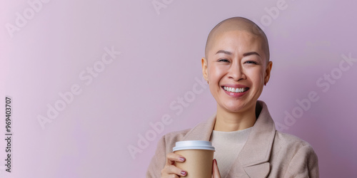 Smiling bald Asian woman with coffee cup, promoting breast cancer awareness 