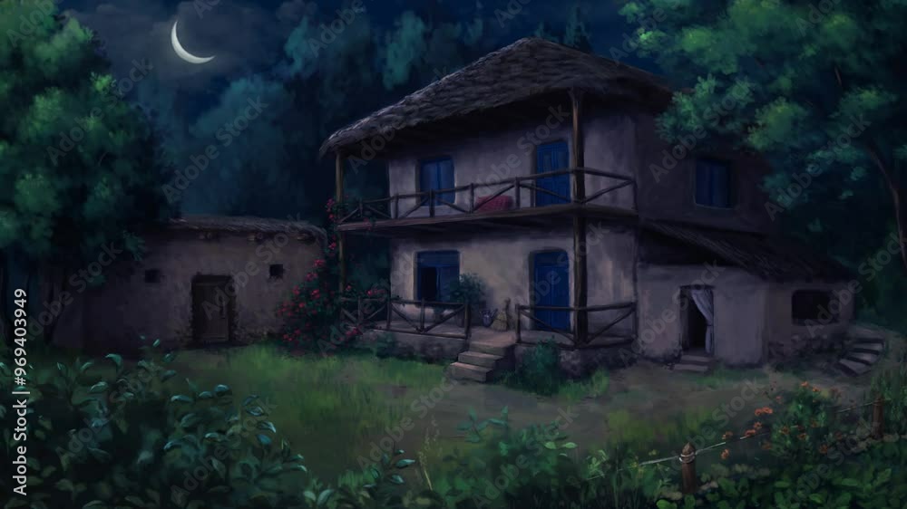 2D animation of A beautiful village house in forest nature at night in high angle. 4K resolution.
