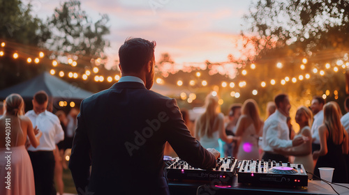DJ spinning tracks at twilight outdoor wedding reception with string lights and dancing guests
