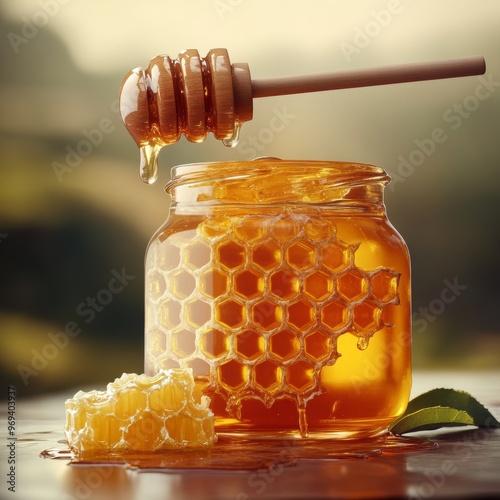 Crystal-clear honey, thick and golden, flows from a honeycomb into a glass jar, a sweet and natural treat