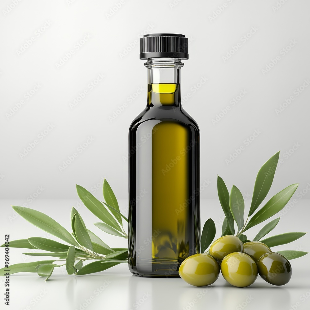 Fresh green olives and ripe olive oil in a glass bottle, isolated on white background Fresh green olives and ripe olive oil in a glass bottle, isolated on white background