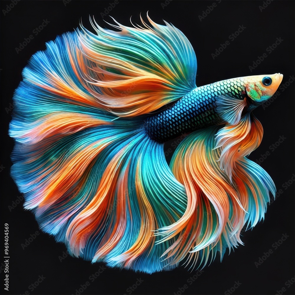 A vibrant betta fish with flowing fins in bright colors against a dark background. A vibrant betta fish with flowing fins in bright colors against a dark background.