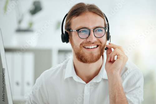 Call center, man and agent with headset talking to client for customer service, technical support and advice. Telemarketing, friendly consultant and help desk operator with microphone for assistance