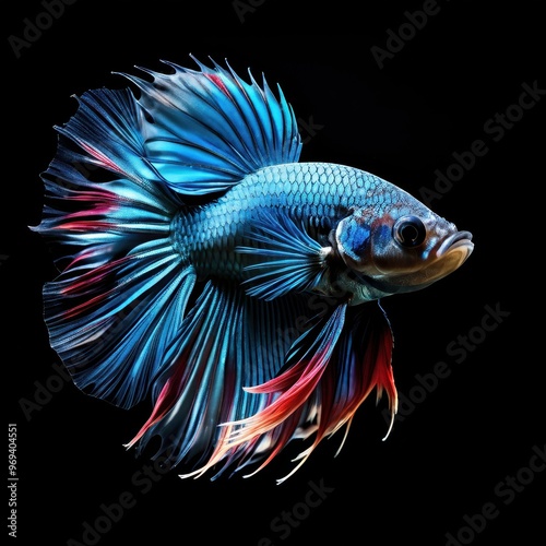 A vibrant betta fish with flowing fins in shades of blue and red against a black background.