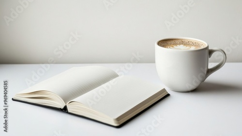 A white coffee cup and an open notebook on the table, white background, simple style, minimalist design, high-resolution photography