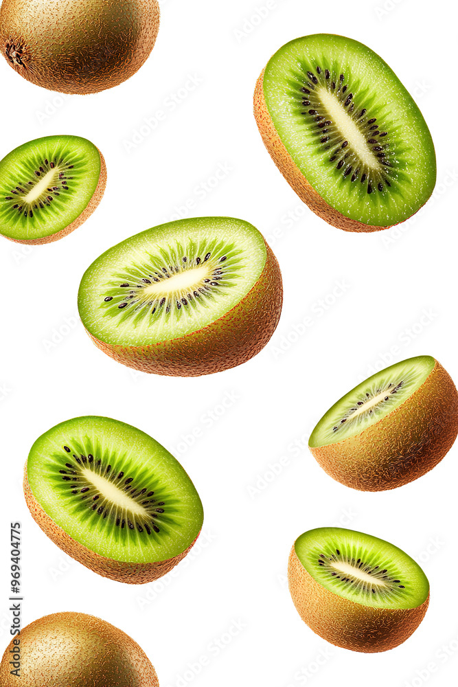 Fototapeta premium Falling kiwi fruit and kiwi cut in half isolated on a transparent background. cut out in PNG format for graphic design, isolated on a white background.