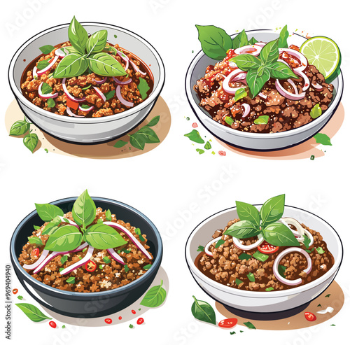  A bowl of Larb, a spicy minced meat salad with fresh herbs