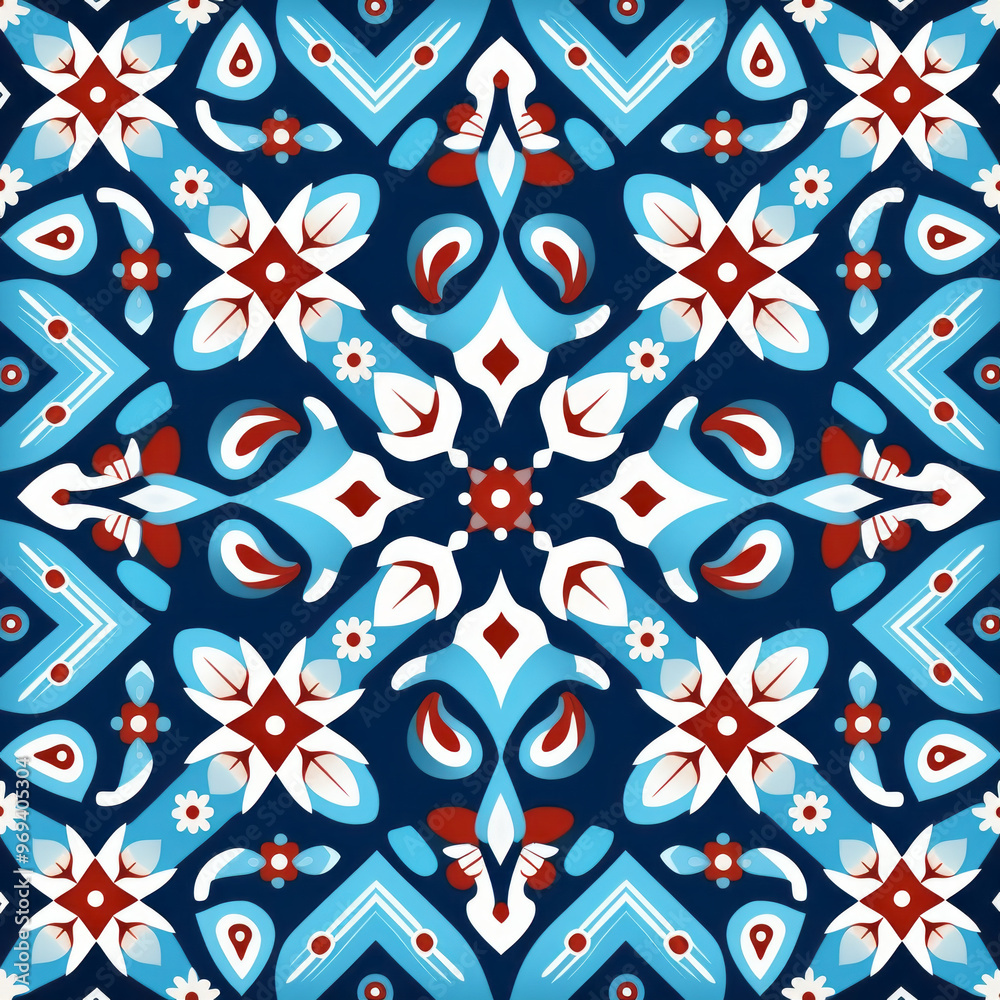 Geometric seamless pattern with floral shapes in blue and white for vintage wallpaper design ,Generated By Ai Geometric seamless pattern with floral shapes in blue and white for vintage wallpaper design ,Generated By Ai