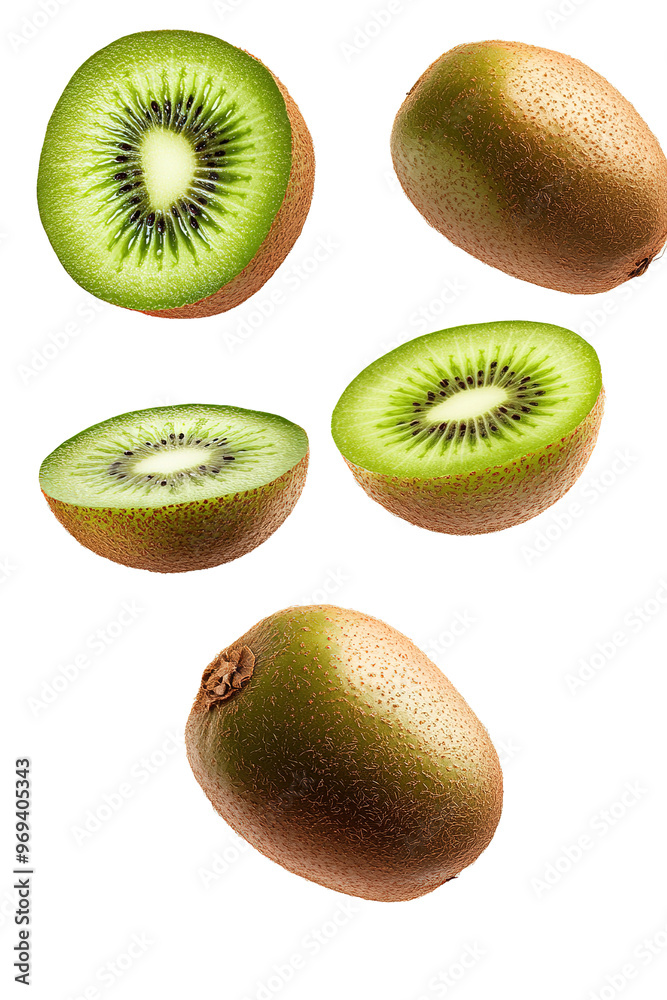 Fototapeta premium Falling kiwi fruit and kiwi cut in half isolated on a transparent background. cut out in PNG format for graphic design, isolated on a white background.