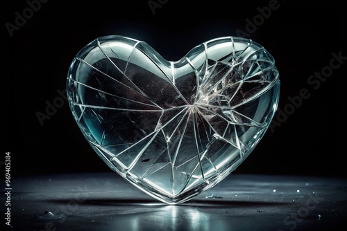 A delicate, shattered heart made of glass lies on a black background, surrounded by subtle, eerie shadows, evoking feelings of sorrow and heartbreak. photo