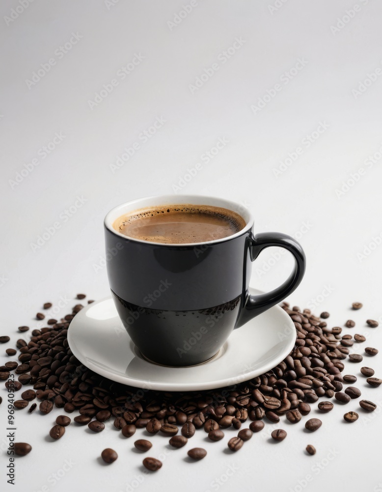 Cup of Coffee Surrounded by Coffee Beans on a Clean White Studio Background Cup of Coffee Surrounded by Coffee Beans on a Clean White Studio Background
