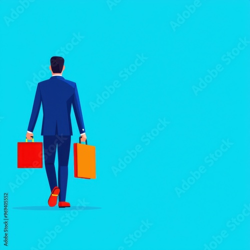 A businessman walks away in a blue suit, carrying two briefcases. Ideal for themes of success, ambition, and professionalism.