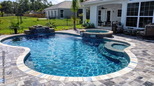 Swimming Pool With Hot Tub in Backyard