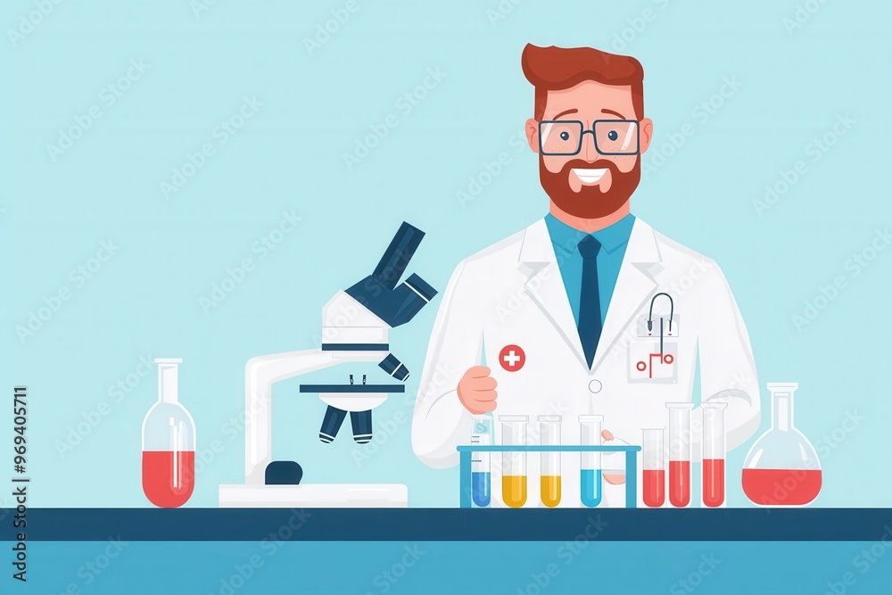 A cheerful scientist in a lab coat conducts experiments with colorful liquids and a microscope on a bright blue background. A cheerful scientist in a lab coat conducts experiments with colorful liquids and a microscope on a bright blue background.