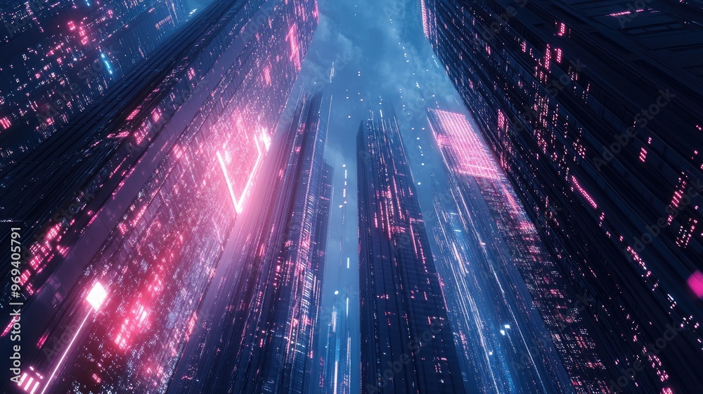 Obraz premium A digital cityscape with data streams flowing between skyscrapers, illustrating urban data integration