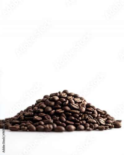 A heap of roasted coffee beans on a white background.