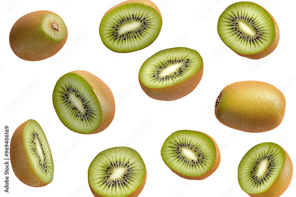 Fototapeta premium Falling kiwi fruit and kiwi cut in half isolated on a transparent background. cut out in PNG format for graphic design, isolated on a white background.