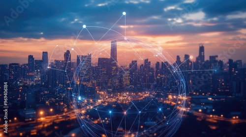 Wallpaper Mural A digital globe with data lines connecting various cities, illustrating global data transfer and communication Torontodigital.ca