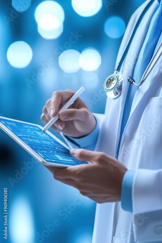 A doctor using a tablet to analyze patient data in a modern medical environment with a focus on technology and healthcare.
