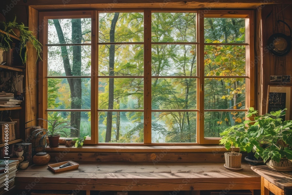 Forest view through the cabin window Forest view through the cabin window