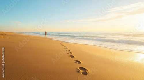 Footprints in the sandy beach lead to a tranquil ocean under a beautiful sunset sky, evoking peace and solitude. photo