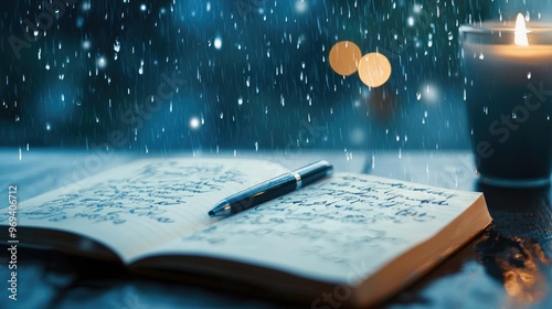 A cozy scene featuring an open notebook, pen, and candlelight, creating a warm ambiance amidst falling rain.