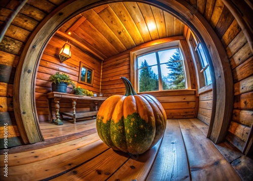 A diminutive gourd, nestled amongst candles and quilts, casts a jaunty glow within the cabin's rustic splendor.