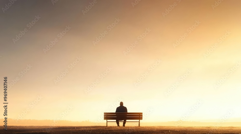 Fototapeta premium A solitary figure sitting on a bench, gazing at a serene sunset, embodying peace, reflection, and tranquility in nature.