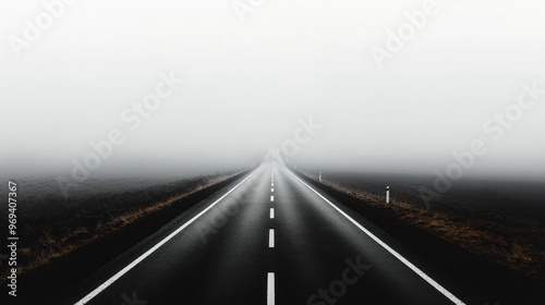 A solitary road vanishes into a misty horizon, evoking feelings of mystery and adventure on a foggy morning.