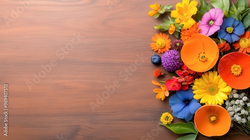 Vibrant Floral Arrangement on Wooden Decor Panel. photo