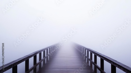 A serene wooden bridge disappearing into thick fog, evoking a sense of mystery and tranquility in a minimalist landscape.