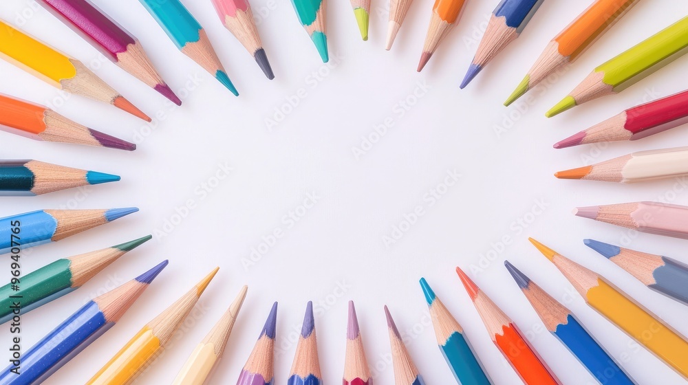 A flat lay of colorful pencils, paints, and brushes arranged in a radial pattern on a white background