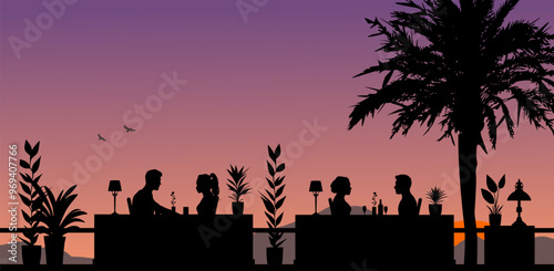Vektor Silhouette von 2 Männern und 2 Frauen im Profil - Dachterrasse mit Ausblick auf die Berge - Am Tisch im Restaurant sitzen und reden - Kennenlernen und sich gegenseitig ansehen