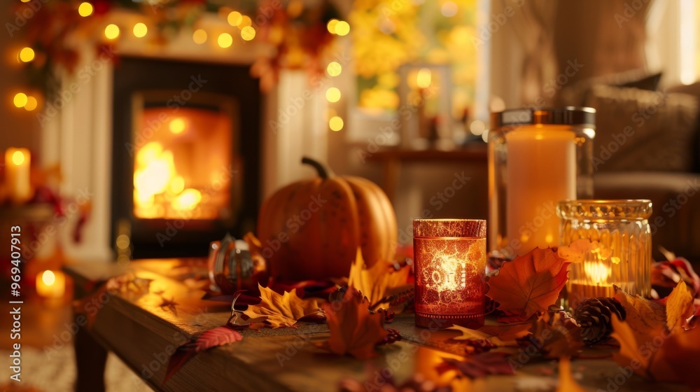 Cozy Autumn Scene with Pumpkin, Candles, and Colorful Leaves Cozy Autumn Scene with Pumpkin, Candles, and Colorful Leaves