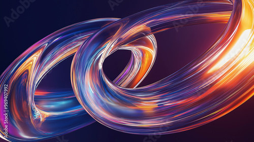A dynamic and vibrant abstract design. It features two curved structures, resembling metallic or glass rings, that twist and intertwine against a dark background.