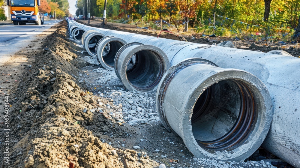 Concrete Pipes Laid Along Roadside Concrete Pipes Laid Along Roadside